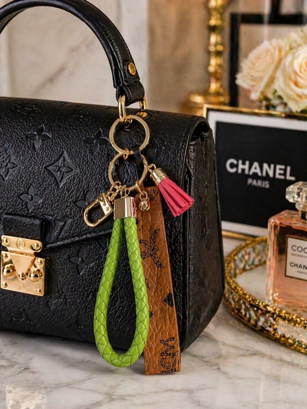 MCM Leather Strap Green Braided Leather Keychain Pink Tassel Designer Bag Charm